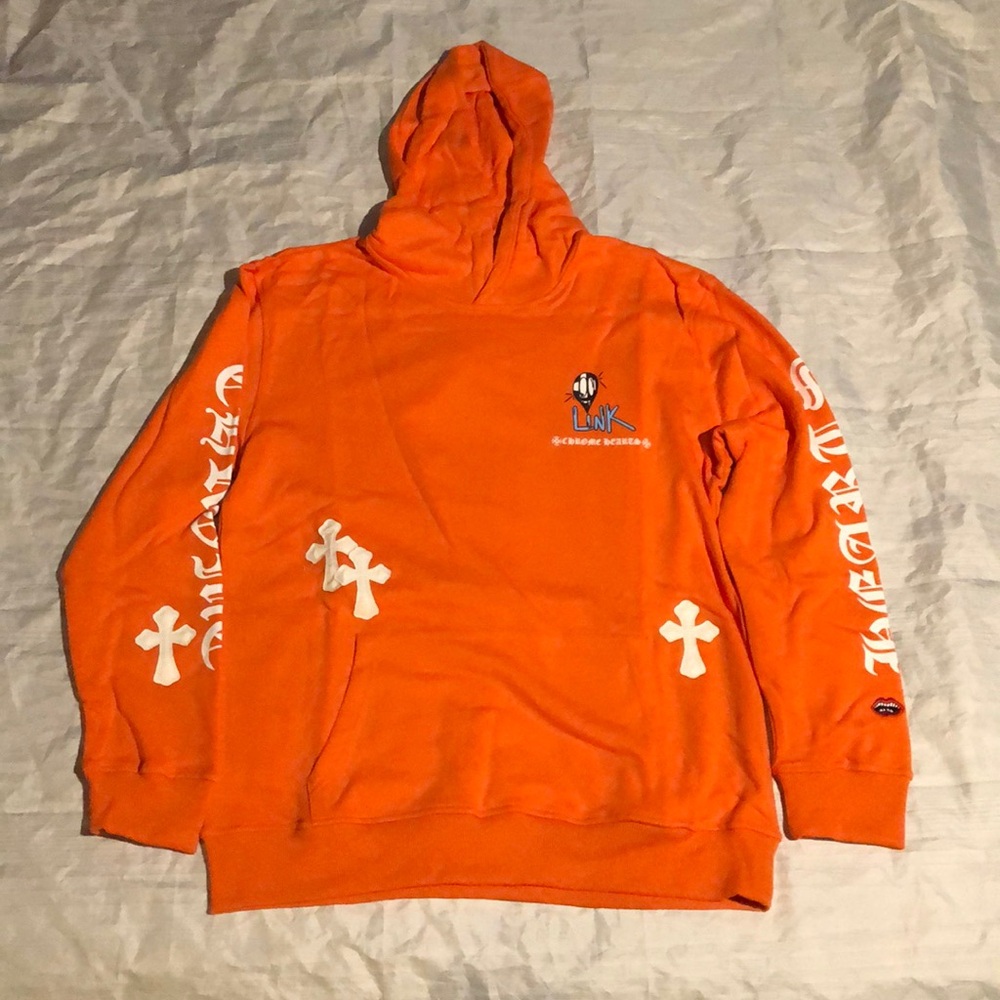 Chrome Hearts Orange Hoodie White Crosses Marty Boy Link & Build Pullover Large